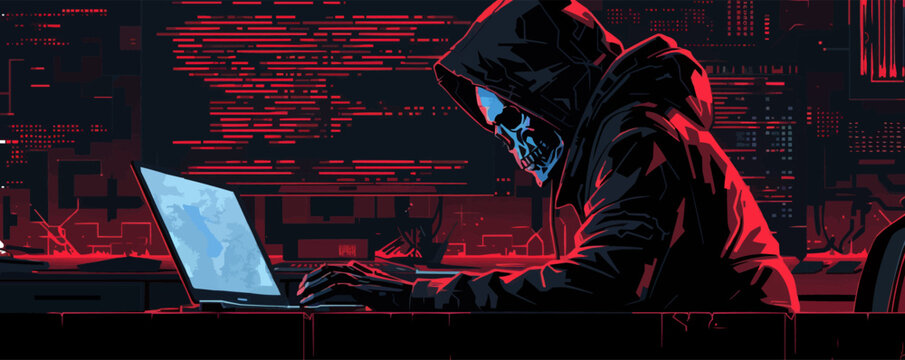 Hacker using laptop with skull planning attack. vector simple illustration