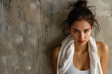Fototapeta premium A woman in white shirt and towel leaning against a wall.