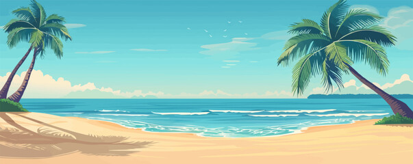 Beach with palm trees, soft sand, and warm azure water. Vector flat minimalistic isolated