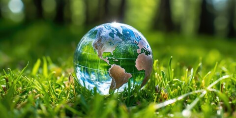 Transparent globe with detailed world map in a natural grass setting. Close up of glass globe sitting in a patch of green grass. Eco-friendly and sustainability energy, environmental design. AIG35.