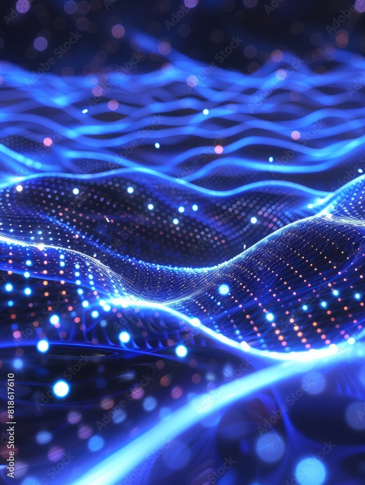 Poster technology background with connected dots on 3d wave landscape. data science, particles, digital wor