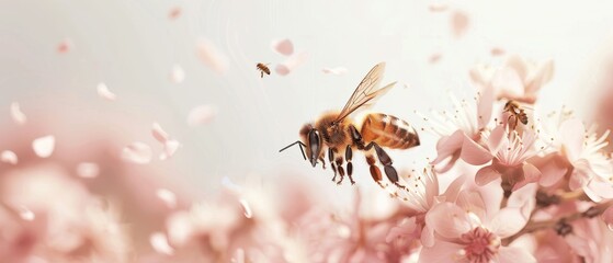 A bee is flying over a field of pink flowers - Powered by Adobe