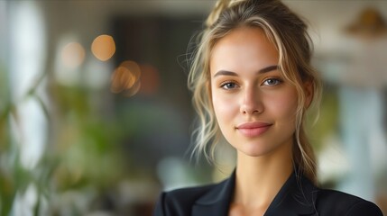 Obraz premium A beautiful woman in a black suit looking at the camera.