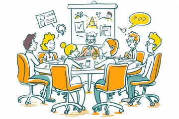 People talking and thinking together in meeting table in the office . Including doodle elements.