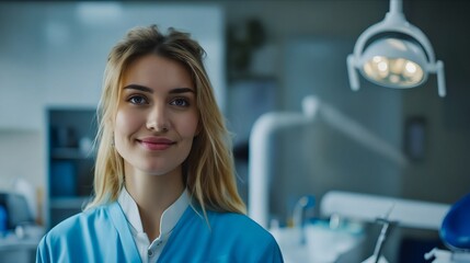 Fototapeta premium A woman in a dental office smiling.