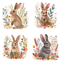 Fototapeta premium Beautiful vector seamless floral pattern with watercolor forest plants and bunny. Stock illustration.