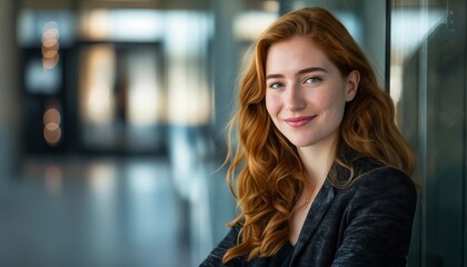 Obraz premium A woman with red hair leaning against a glass wall.