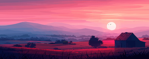 A serene countryside sunrise casting warm hues over rolling farmland and rustic barns. Vector flat minimalistic isolated illustration.