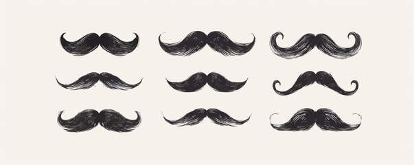 Set of black mustache icons on white background hand drawn. vector simple illustration
