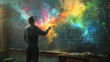 Low-angle view of a professor explaining colorful psychological concepts on a chalkboard
