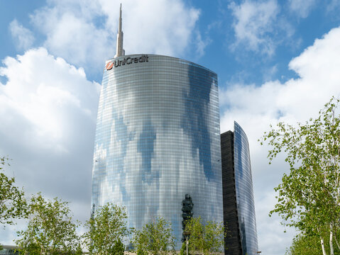 Milano, Italy. The iconic Unicredit tower at Gae Aulenti square. Skyscraper which is part of a group of residential and business buildings. Architectural modern buildings