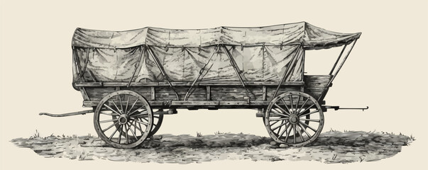 Covered wagon stagecoach retro sketch hand drawn engraving style. vector simple