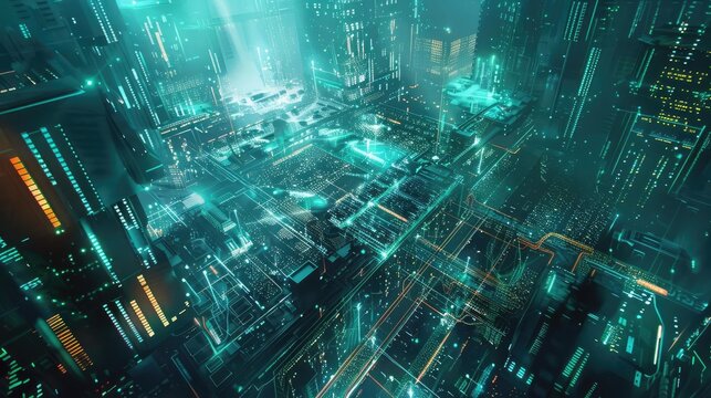 A futuristic scene where AI entities manage a paradigm shift in a massive cyberspace network, depicted as a glowing, sprawling digital city