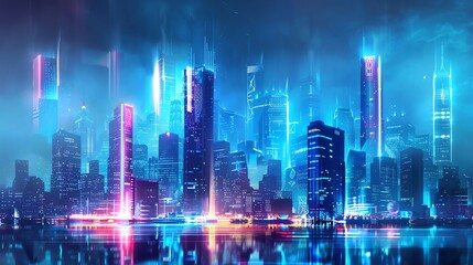 Fototapeta na wymiar Side view of a futuristic city skyline, photorealistic, lit by glowing neon lights, towering buildings with innovative architecture, cool tones, night scene