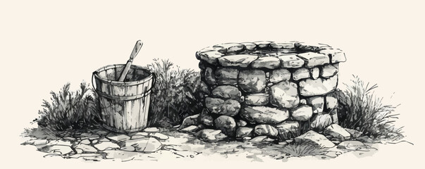 Rustic stone well with bucket and drinking water. Hand drawn sketch in vintage style.. vector simple illustration