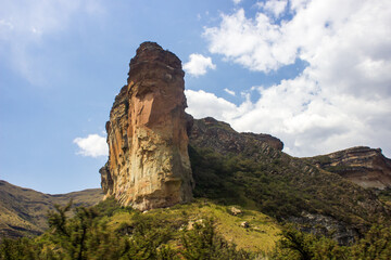 Looking up at the Brandwag, the iconic Sandstone Buttress in the Golden Gate Highlands National...