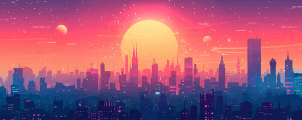 A futuristic city skyline with sleek skyscrapers, holographic advertisements, and bustling flying traffic. Vector flat minimalistic isolated illustration.