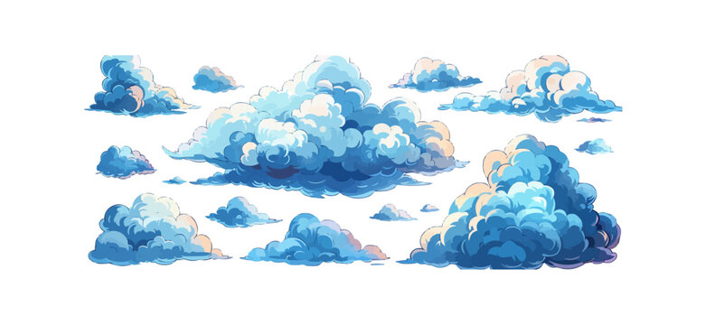 Set of clouds in hand drawn vintage retro style isolated on white background. Cartoon design elements. Vector illustration.