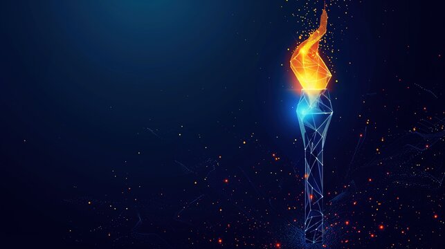 Technology background image, an Olympic torch on dark blue background, glowing dots and geometric shapes, copy space
