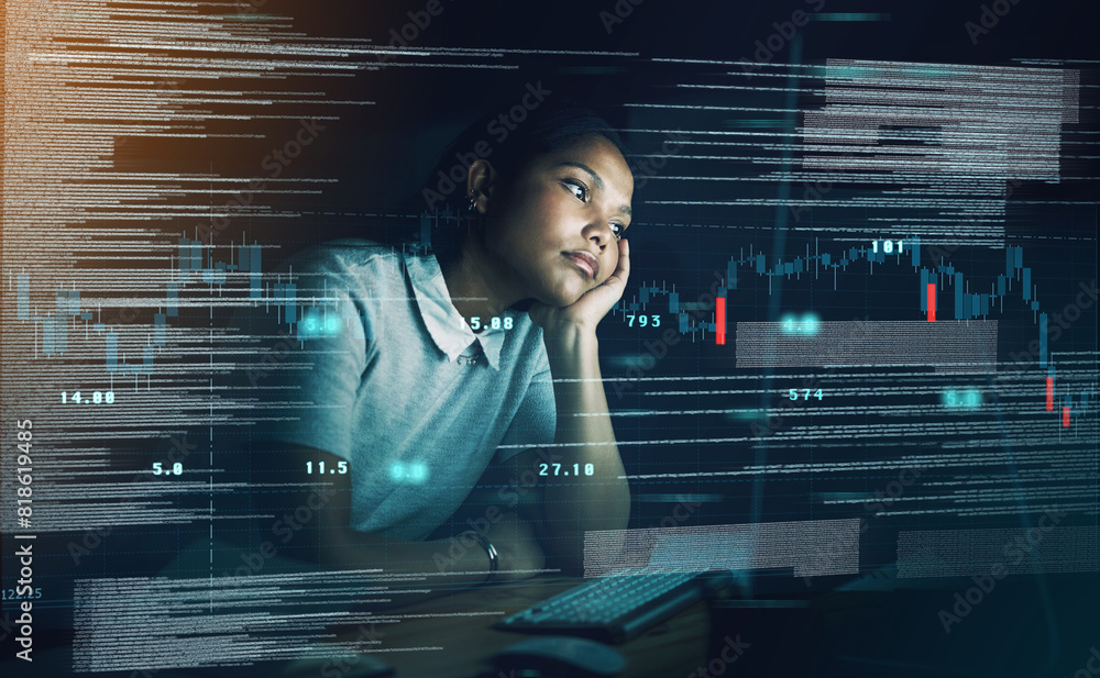 Poster business woman, computer and bored for data analytics job with graphs, statistics or stock market cr