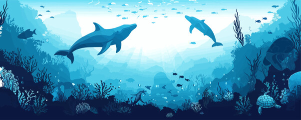 Fototapeta premium Underwater landscape. Seaweed and reef, fish shoal, whale and manta, turtle or marlin silhouettes in n ocean. vector simple illustration