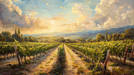 Fototapeta premium A peaceful meadow in springtime oil painting on canvas, filled with blooming flowers and lush green grass