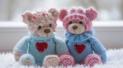 A pair of cute his and hers teddy bears in light pink and blue clothing with red hearts