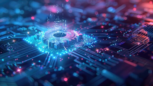A holographic display of a gear mechanism, enhanced with AI analytics, showing stress points and efficiency data