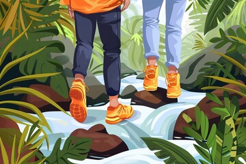 Vector illustration A couple trekking along a rocky riverbed under the bright sun, low section view.