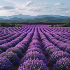 A lavender field on the background of a mountain landscape