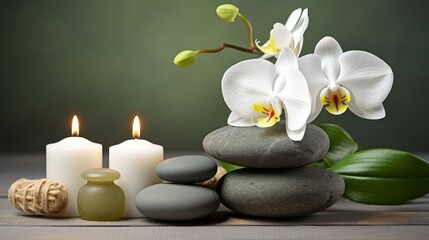  Zen stones, candles and white orchid flower on green and grey background