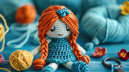 amigurumi doll handmade on a blue background with the yarns used for its elaboration