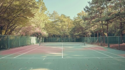 Retro tennis court in soft pastel tones, faded green and pink hues, surrounded by old trees, exuding a nostalgic 1970s sports club atmosphere