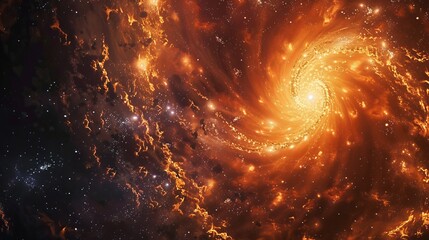Vivid close-up of a spiral galaxy twinkling within an orange nebula, surrounded by countless stars in a deep starry sky, infinite cosmic beauty - Powered by Adobe