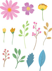 Hand Drawn Vector Set of Flowers. Flower and Leaf Collection.