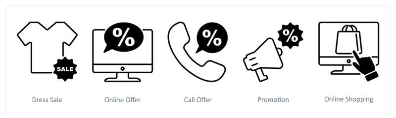 A set of 5 Shopping icons as dress sale, online offer, call offer