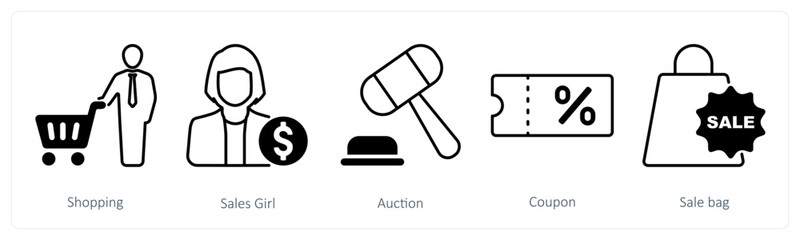 A set of 5 Shopping icons as shopping, sales girl, auction