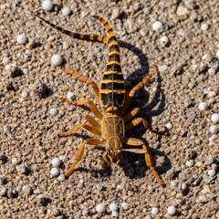 A black scorpion, perched menacingly on a rock in the desert,curls its venomous tail ready to strike