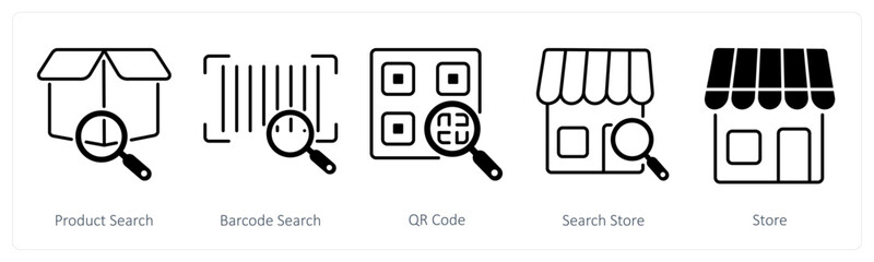 A set of 5 Shopping icons as product search, barcode search, qr code