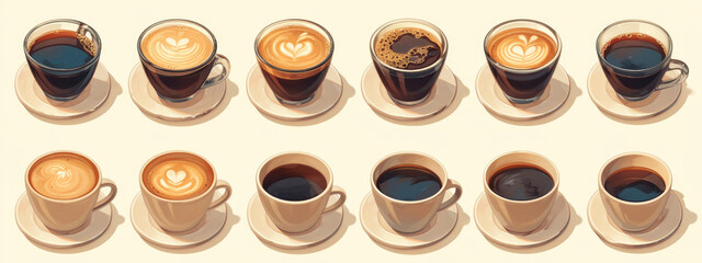 different types of coffee on beige background. relax, coffee break , morning breakfast and ritual concept. banner