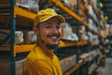 a man in a yellow hat smiles in a warehouse