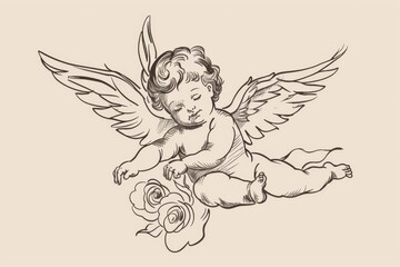Beautiful angel baby line vector art. Cherub angel with roses