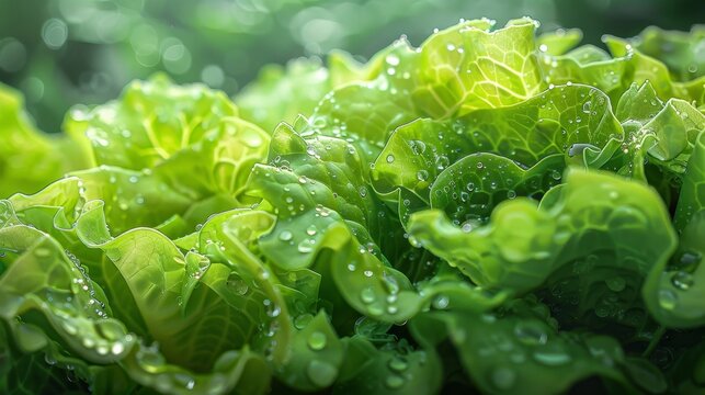 Fresh green lettuce leaves with water drops closeup.