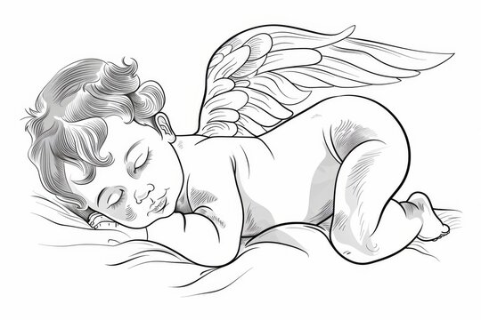 recommend clip art: Beautiful angel baby lying down sleeping, black line art, vector art, white background