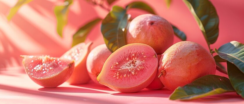 Fresh organic guava fruit with leaves on a pink background.