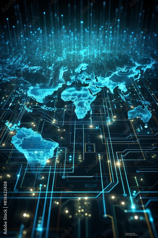 Poster world map made of glowing printed circuits, global network and connectivity.