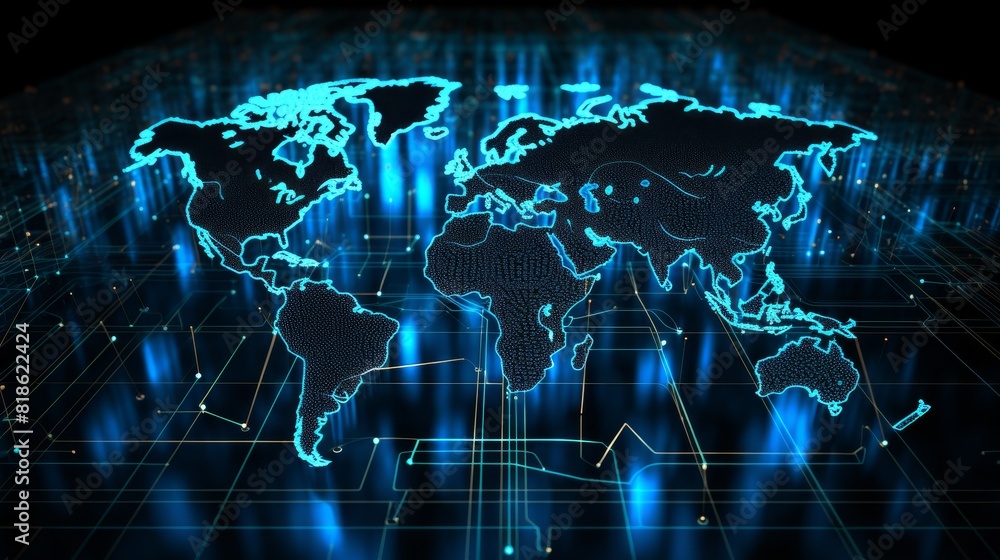 Poster world map made of glowing printed circuits, global network and connectivity.