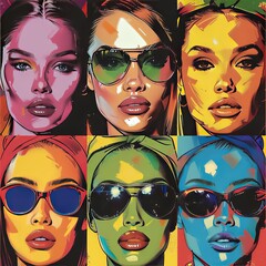 Create a vector art of six beautiful women with different hair colors and wearing different sunglasses. The artwork should be colorful and have a pop art style.