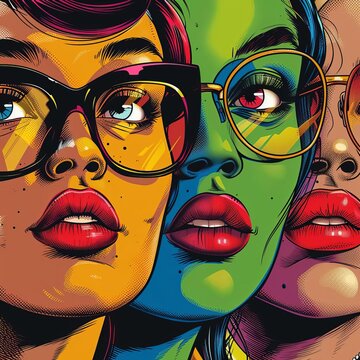 Create a vector art illustration of three women wearing glasses