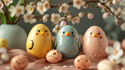 Obraz premium Whimsical Easter eggs adorned with cartoon faces